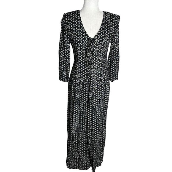 Vintage 90s All That Jazz Black Floral Jumpsuit Small Long Sleeve Lace Up Front - Picture 1 of 9